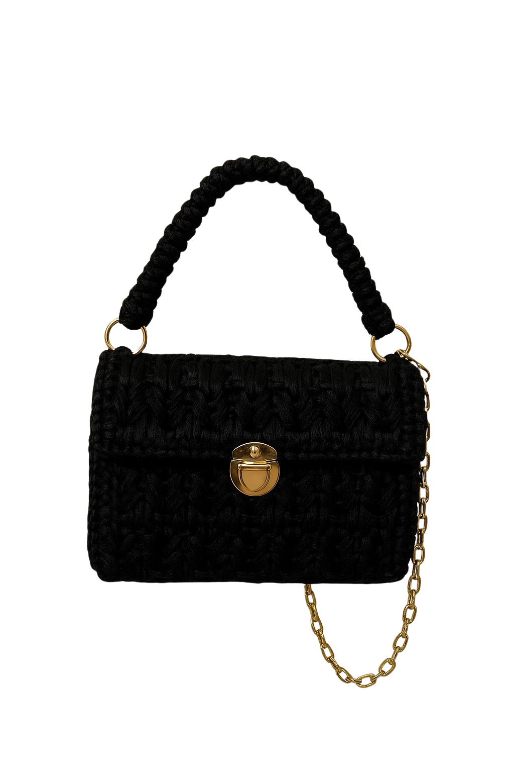 Borsa all’uncinetto nera con catena dorata e chiusura metallica