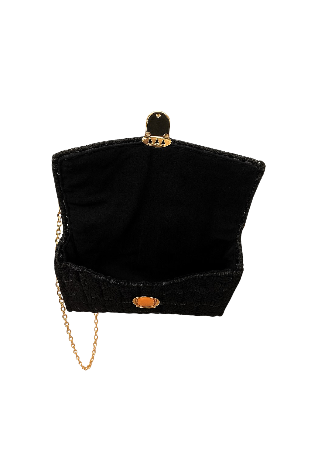 Borsa all’uncinetto nera con catena dorata e chiusura metallica