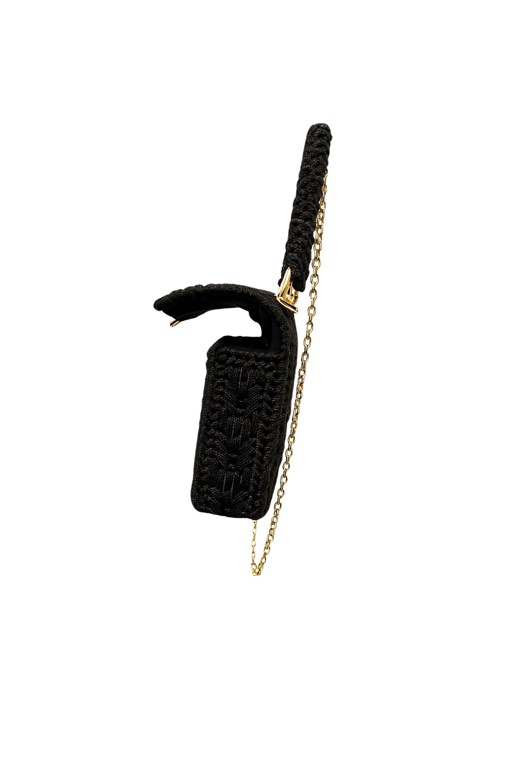 Borsa all’uncinetto nera con catena dorata e chiusura metallica