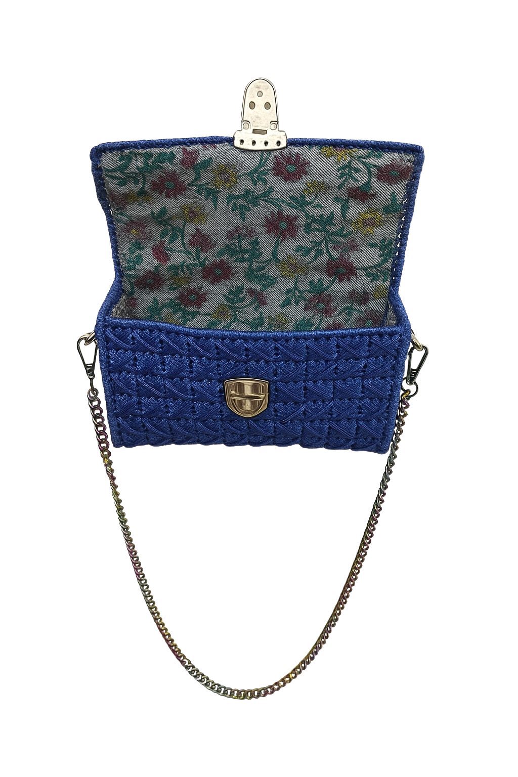 Borsa all’uncinetto blu elettrico con chiusura metallica e tracolla a catena