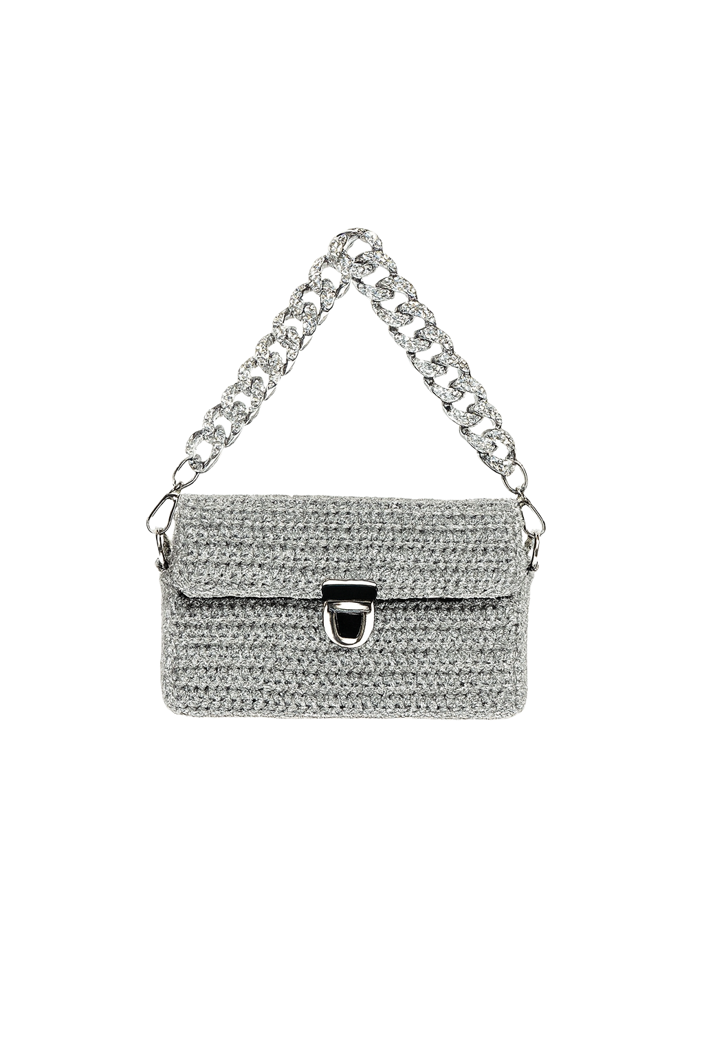 Borsa all’uncinetto argento con catena larga e chiusura metallica